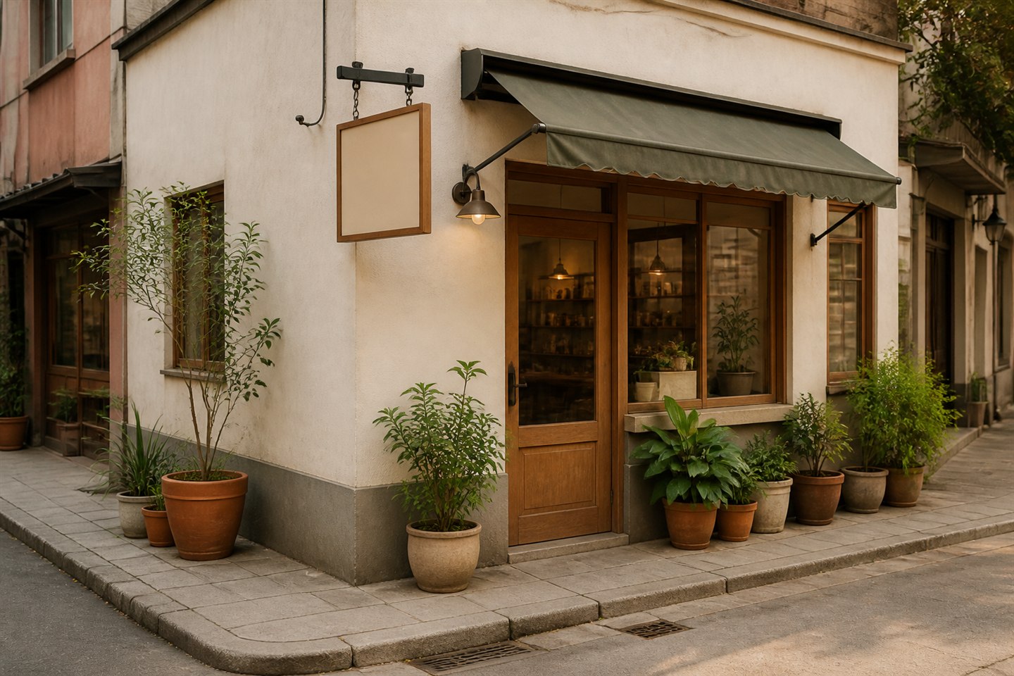 街角本地门店外观，门前摆放绿植